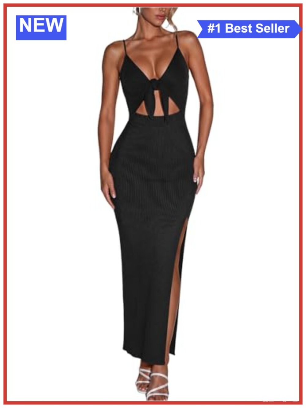 Ribbed Knit Bodycon Maxi Dress Sleeveless Built-in Bra Cutout Slit